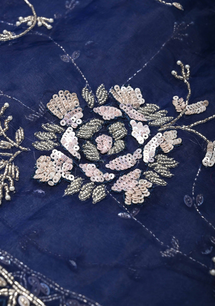 Navy Blue Organza Saree with sequins, cutdana, Moti work Machine Embroidery and Scallop Border