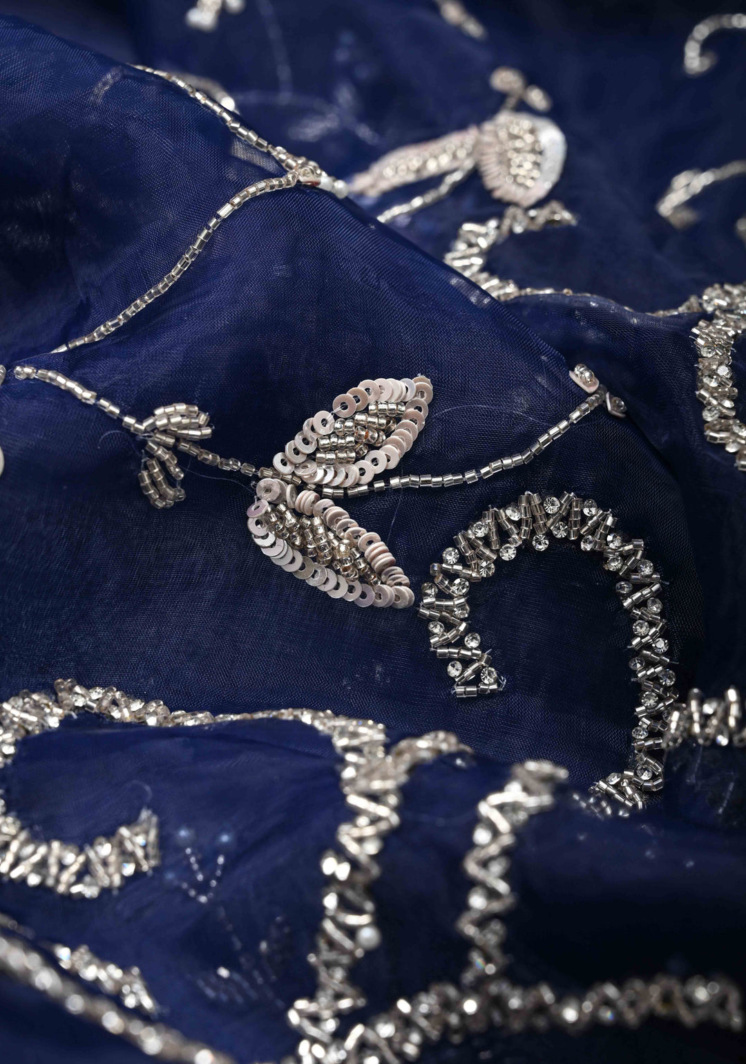 Navy Blue Organza Saree with sequins, cutdana, Moti work Machine Embroidery and Scallop Border