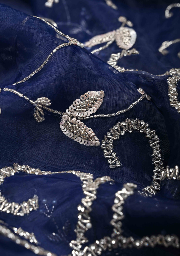 Navy Blue Organza Saree with sequins, cutdana, Moti work Machine Embroidery and Scallop Border