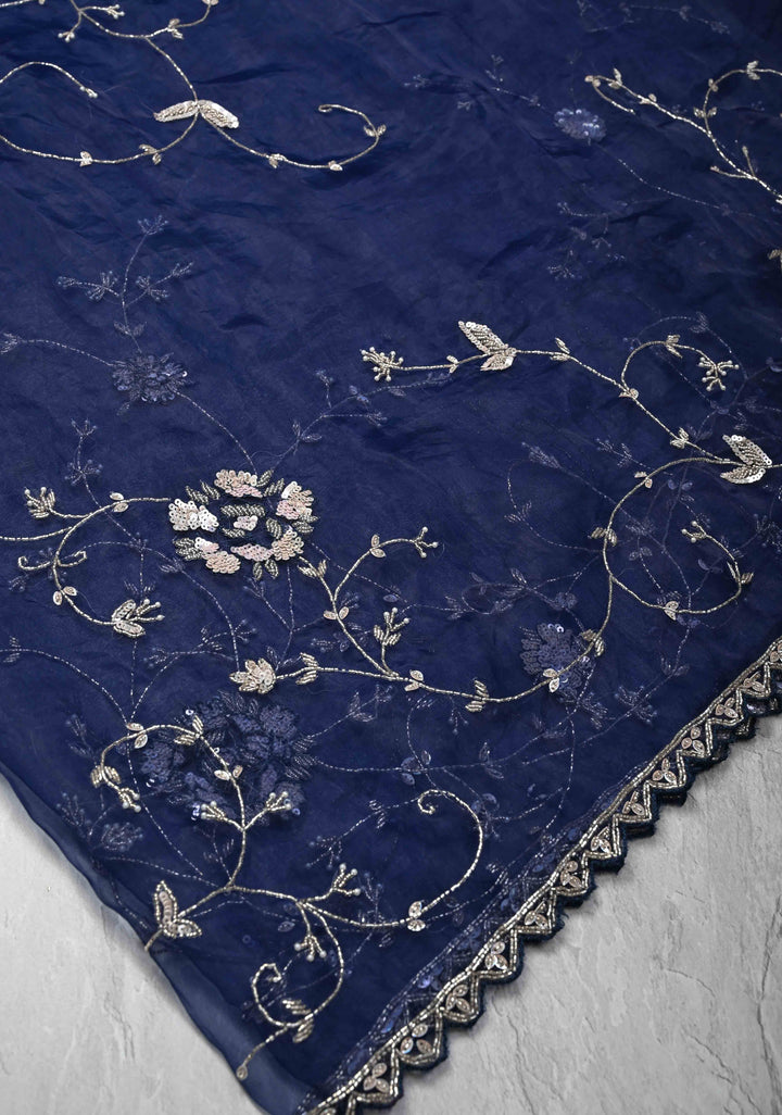 Navy Blue Organza Saree with sequins, cutdana, Moti work Machine Embroidery and Scallop Border