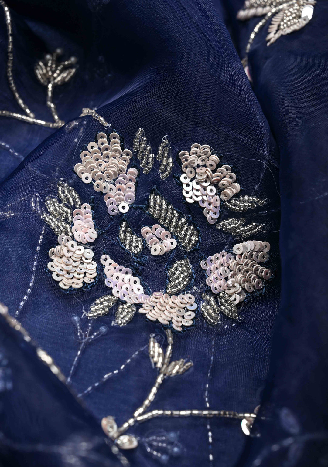 Navy Blue Organza Saree with sequins, cutdana, Moti work Machine Embroidery and Scallop Border