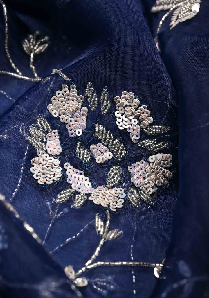 Navy Blue Organza Saree with sequins, cutdana, Moti work Machine Embroidery and Scallop Border