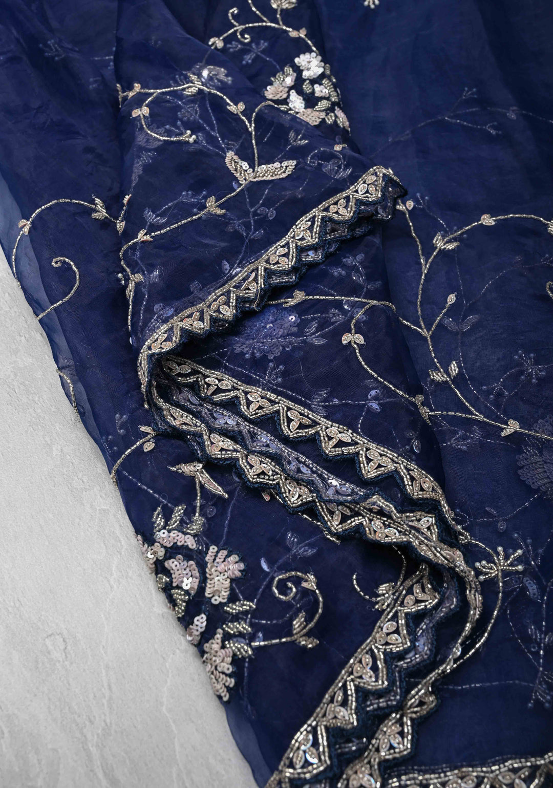 Navy Blue Organza Saree with sequins, cutdana, Moti work Machine Embroidery and Scallop Border