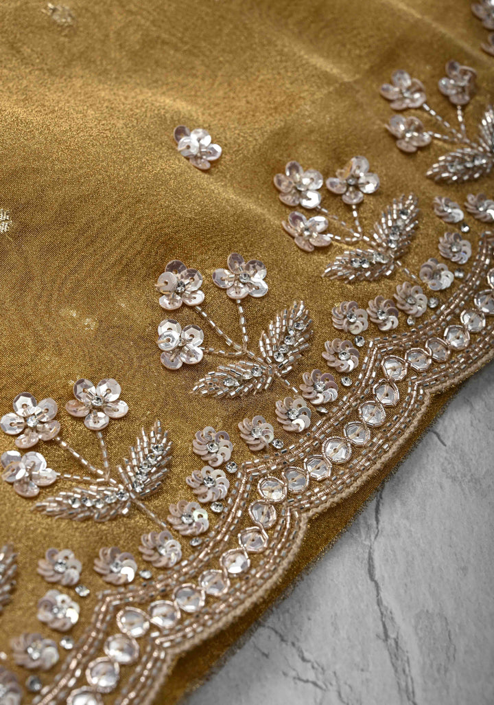 Tan Gold Tissue Organza Saree with Sequins, Cutdana, Work and Scallop Border | SILK MARK CERTIFIED