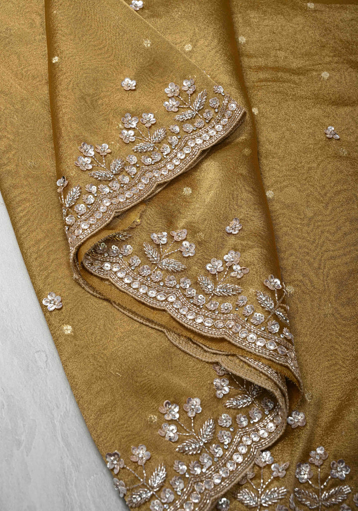 Tan Gold Tissue Organza Saree with Sequins, Cutdana, Work and Scallop Border | SILK MARK CERTIFIED