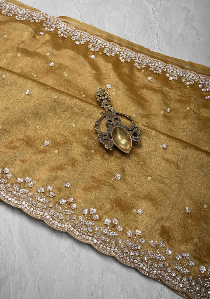Tan Gold Tissue Organza Saree with Sequins, Cutdana, Work and Scallop Border | SILK MARK CERTIFIED