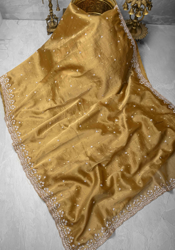 Tan Gold Tissue Organza Saree with Sequins, Cutdana, Work and Scallop Border | SILK MARK CERTIFIED