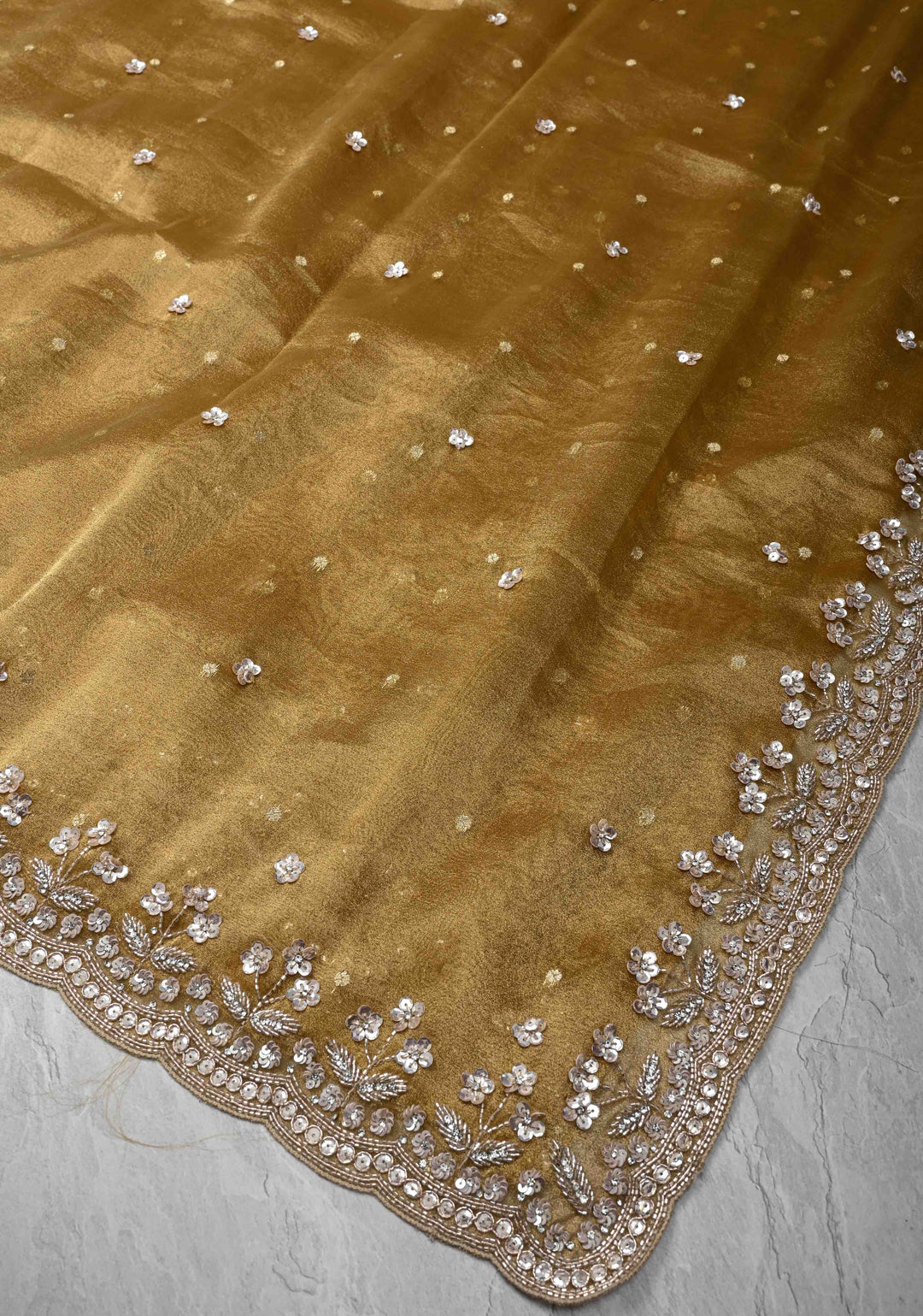Tan Gold Tissue Organza Saree with Sequins, Cutdana, Work and Scallop Border | SILK MARK CERTIFIED