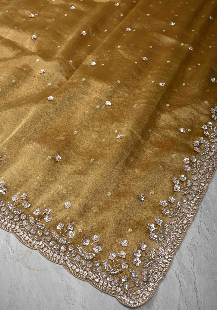 Tan Gold Tissue Organza Saree with Sequins, Cutdana, Work and Scallop Border | SILK MARK CERTIFIED