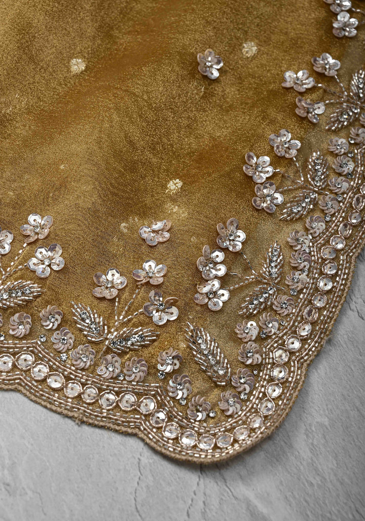 Tan Gold Tissue Organza Saree with Sequins, Cutdana, Work and Scallop Border | SILK MARK CERTIFIED