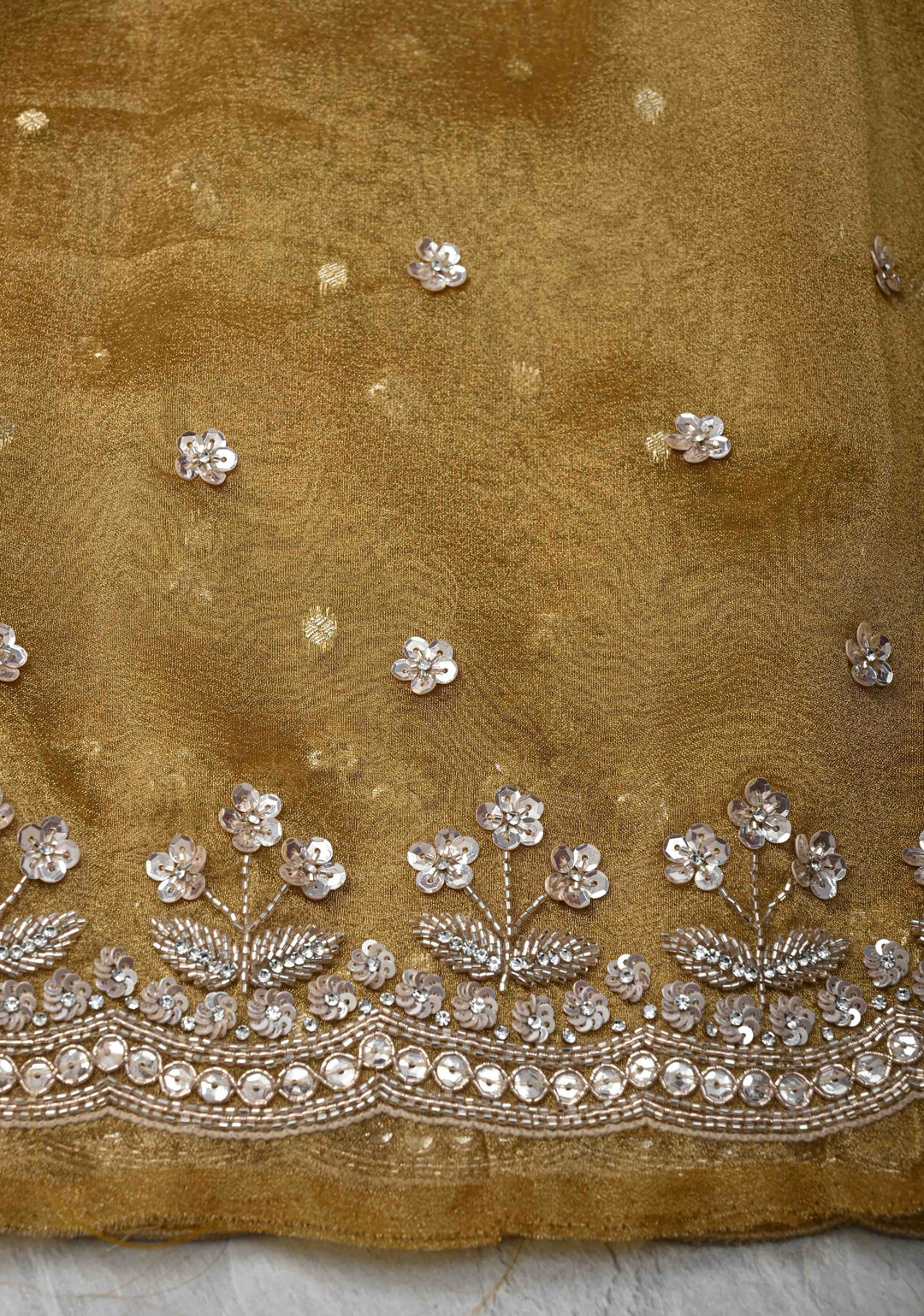 Tan Gold Tissue Organza Saree with Sequins, Cutdana, Work and Scallop Border | SILK MARK CERTIFIED