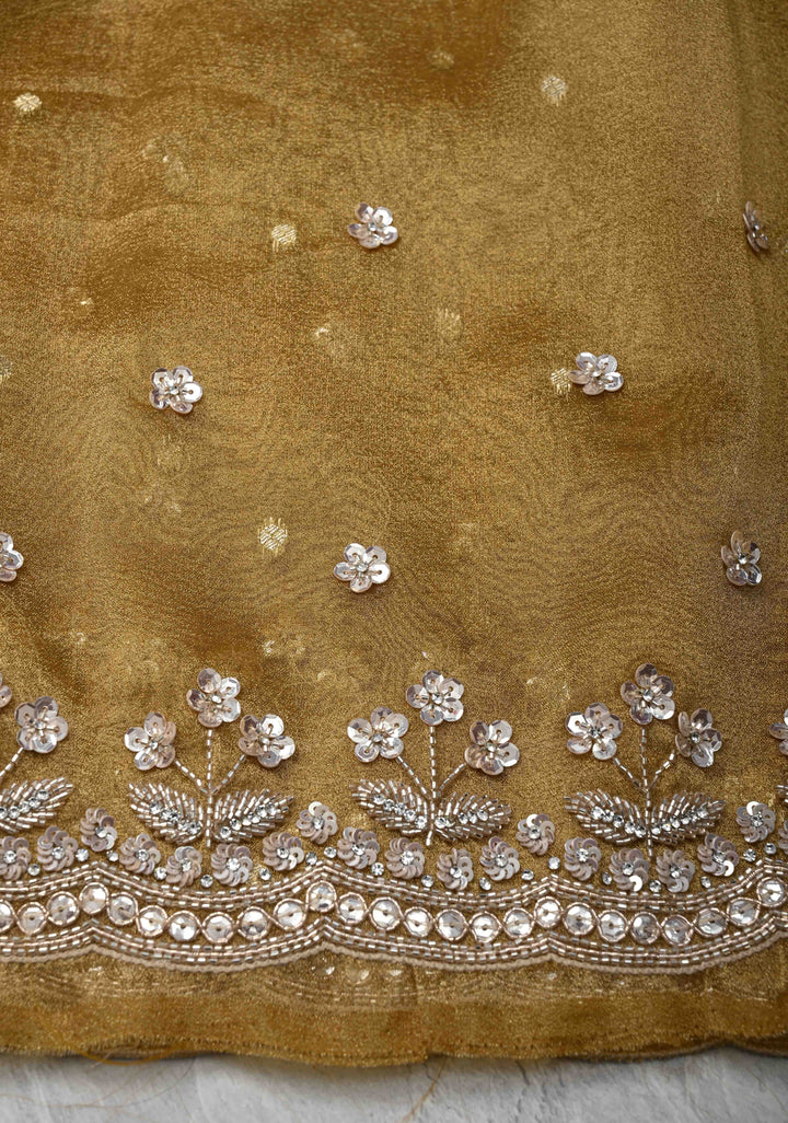 Tan Gold Tissue Organza Saree with Sequins, Cutdana, Work and Scallop Border | SILK MARK CERTIFIED