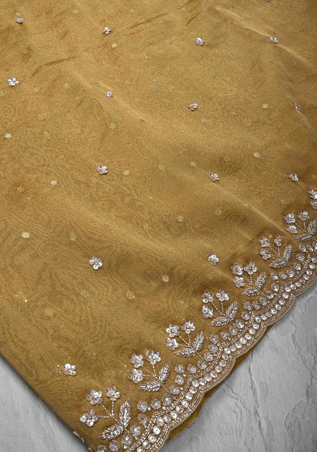 Tan Gold Tissue Organza Saree with Sequins, Cutdana, Work and Scallop Border | SILK MARK CERTIFIED