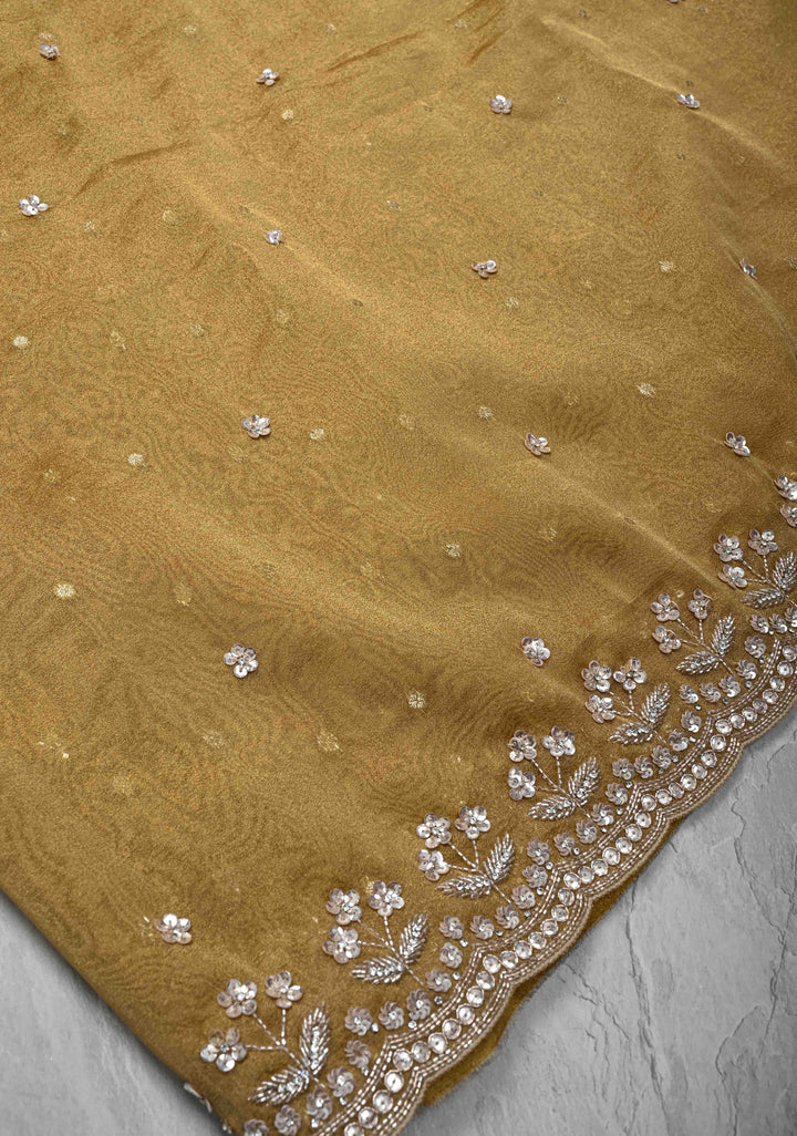 Tan Gold Tissue Organza Saree with Sequins, Cutdana, Work and Scallop Border | SILK MARK CERTIFIED
