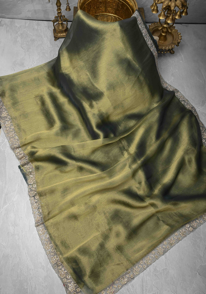 Sage Green Dual tone Shimmer Organza Saree with Machine Cut Work And Stone on Scallop Border