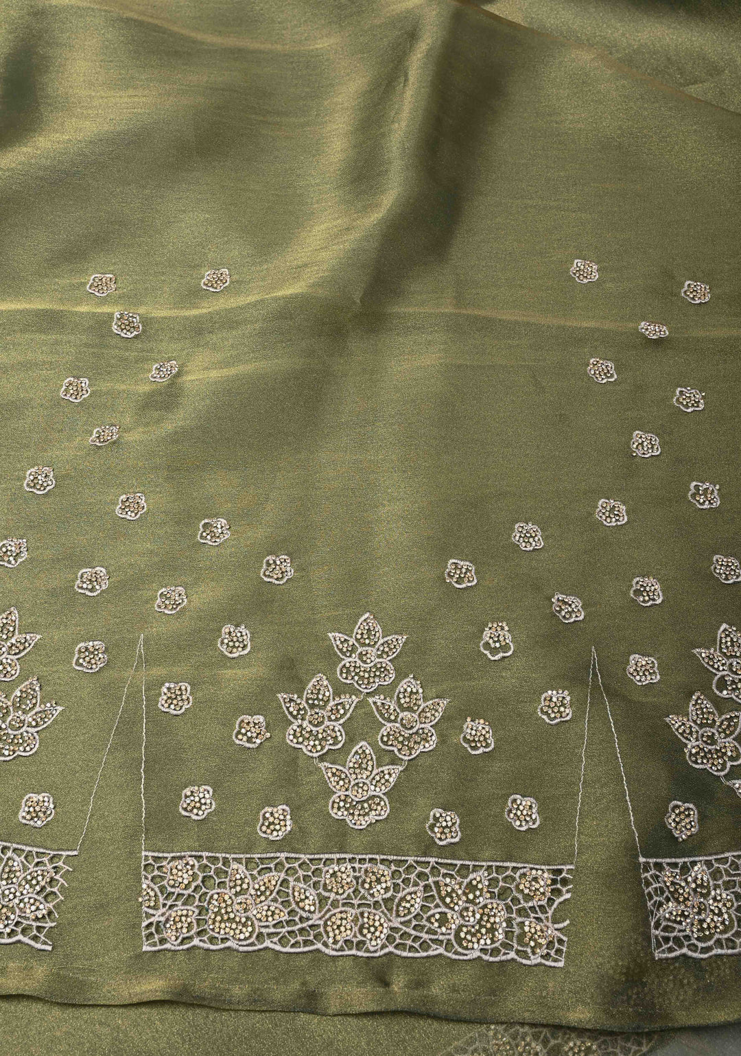Sage Green Dual tone Shimmer Organza Saree with Machine Cut Work And Stone on Scallop Border
