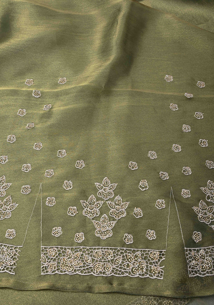 Sage Green Dual tone Shimmer Organza Saree with Machine Cut Work And Stone on Scallop Border