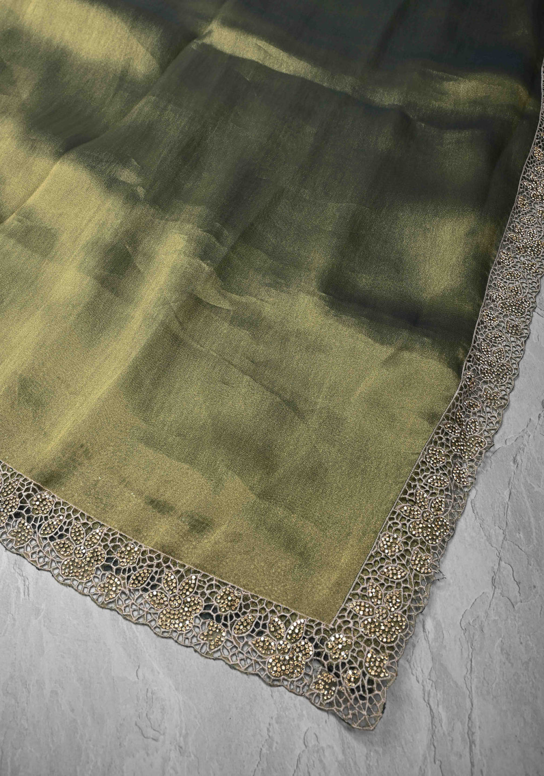 Sage Green Dual tone Shimmer Organza Saree with Machine Cut Work And Stone on Scallop Border