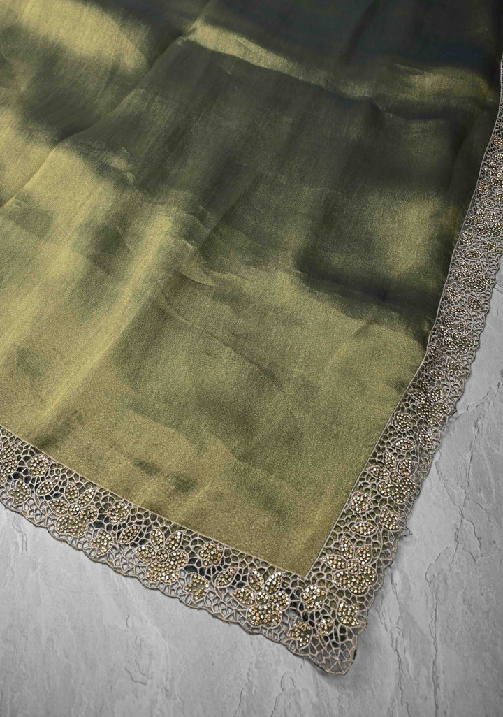 Sage Green Dual tone Shimmer Organza Saree with Machine Cut Work And Stone on Scallop Border