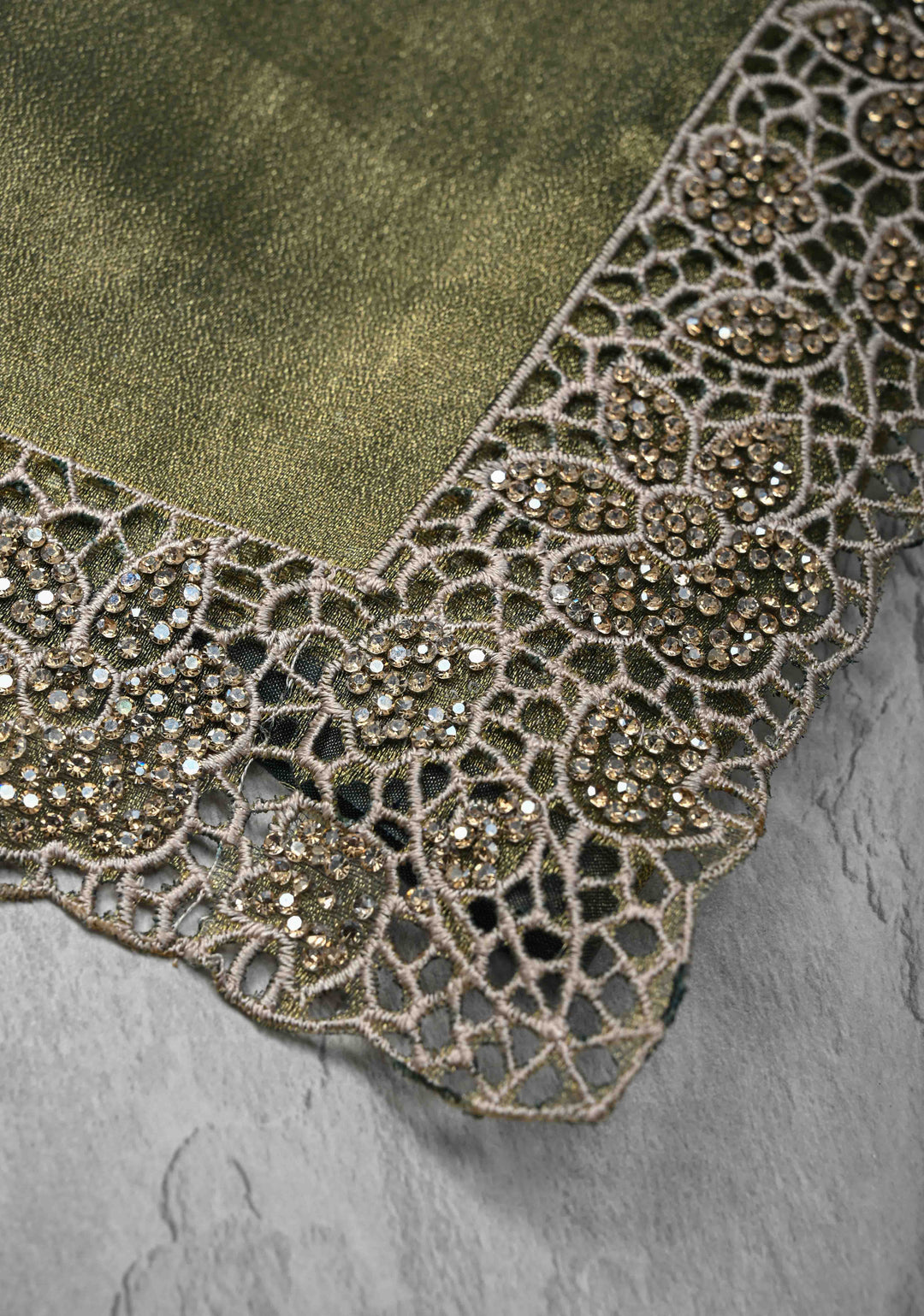 Sage Green Dual tone Shimmer Organza Saree with Machine Cut Work And Stone on Scallop Border