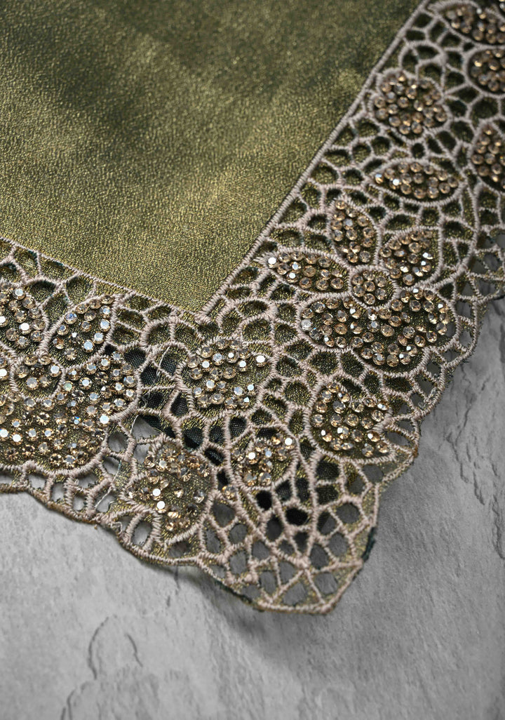 Sage Green Dual tone Shimmer Organza Saree with Machine Cut Work And Stone on Scallop Border