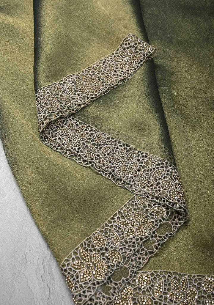 Sage Green Dual tone Shimmer Organza Saree with Machine Cut Work And Stone on Scallop Border