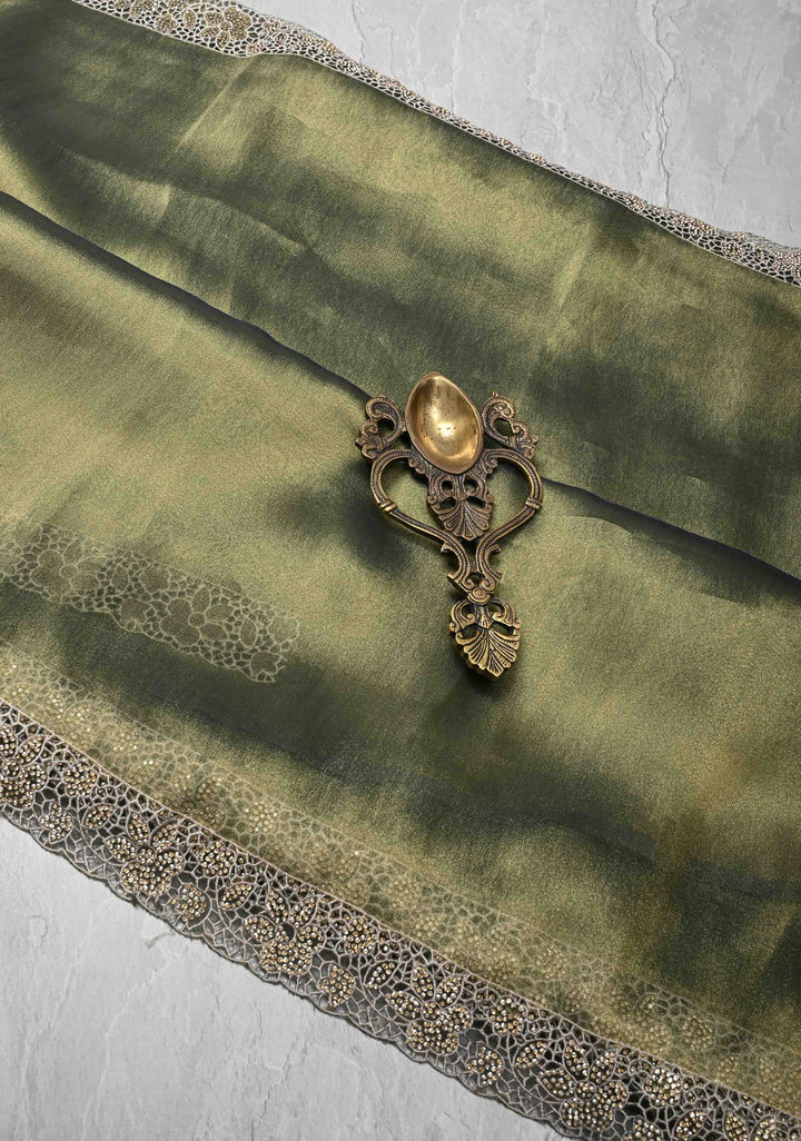 Sage Green Dual tone Shimmer Organza Saree with Machine Cut Work And Stone on Scallop Border