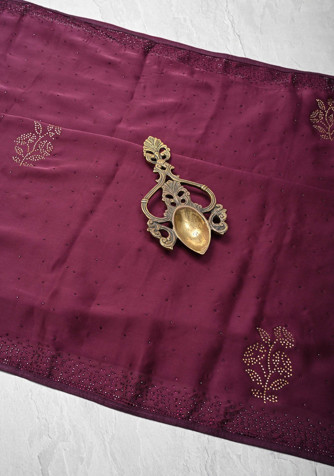 Plum Satin Silk Saree with Stone Work