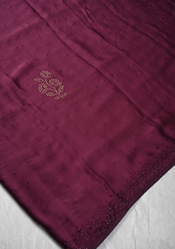 Plum Satin Silk Saree with Stone Work
