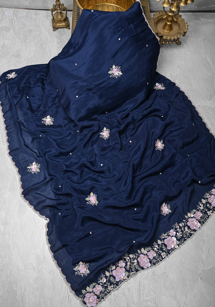 Midnight Blue Pure Crepe Chiffon Saree with Sequin, Cutdana, Moti work and Scallop Border