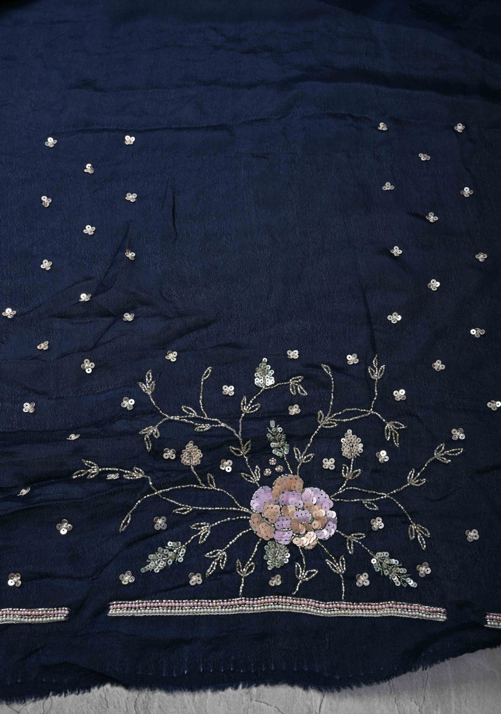 Midnight Blue Pure Crepe Chiffon Saree with Sequin, Cutdana, Moti work and Scallop Border