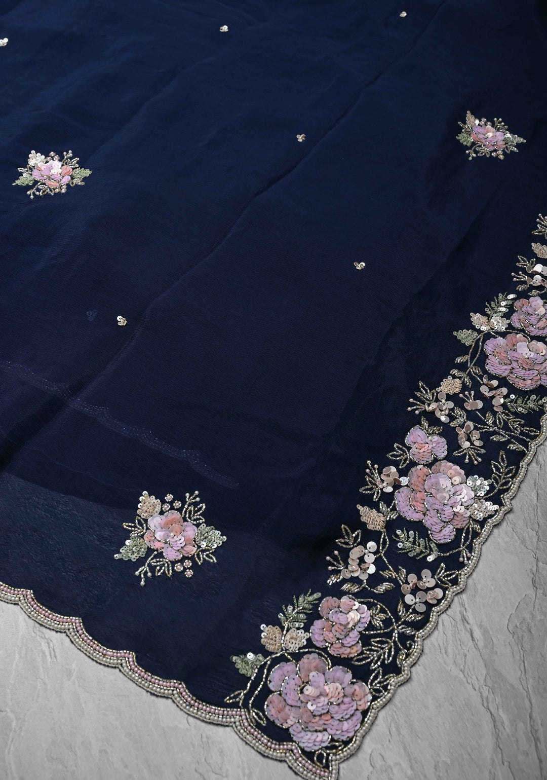 Midnight Blue Pure Crepe Chiffon Saree with Sequin, Cutdana, Moti work and Scallop Border