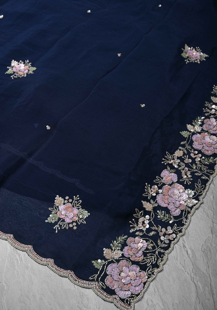 Midnight Blue Pure Crepe Chiffon Saree with Sequin, Cutdana, Moti work and Scallop Border