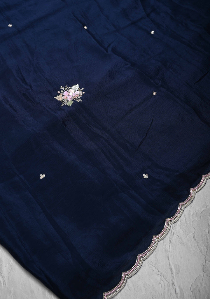 Midnight Blue Pure Crepe Chiffon Saree with Sequin, Cutdana, Moti work and Scallop Border