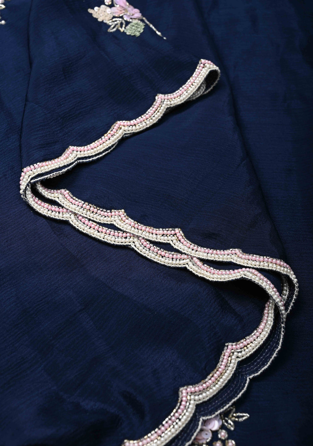 Midnight Blue Pure Crepe Chiffon Saree with Sequin, Cutdana, Moti work and Scallop Border