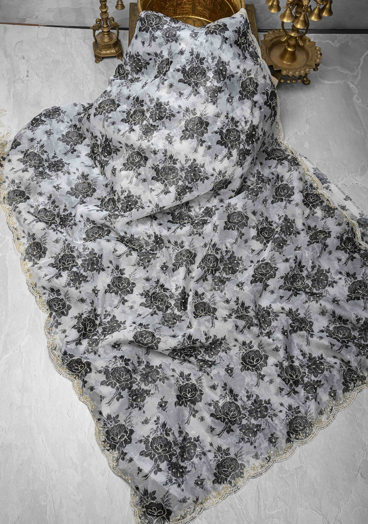 Black And White Organza Saree with Digital Print and cutdana and Moti work on scallop border | SILK MARKED CERTIFIED
