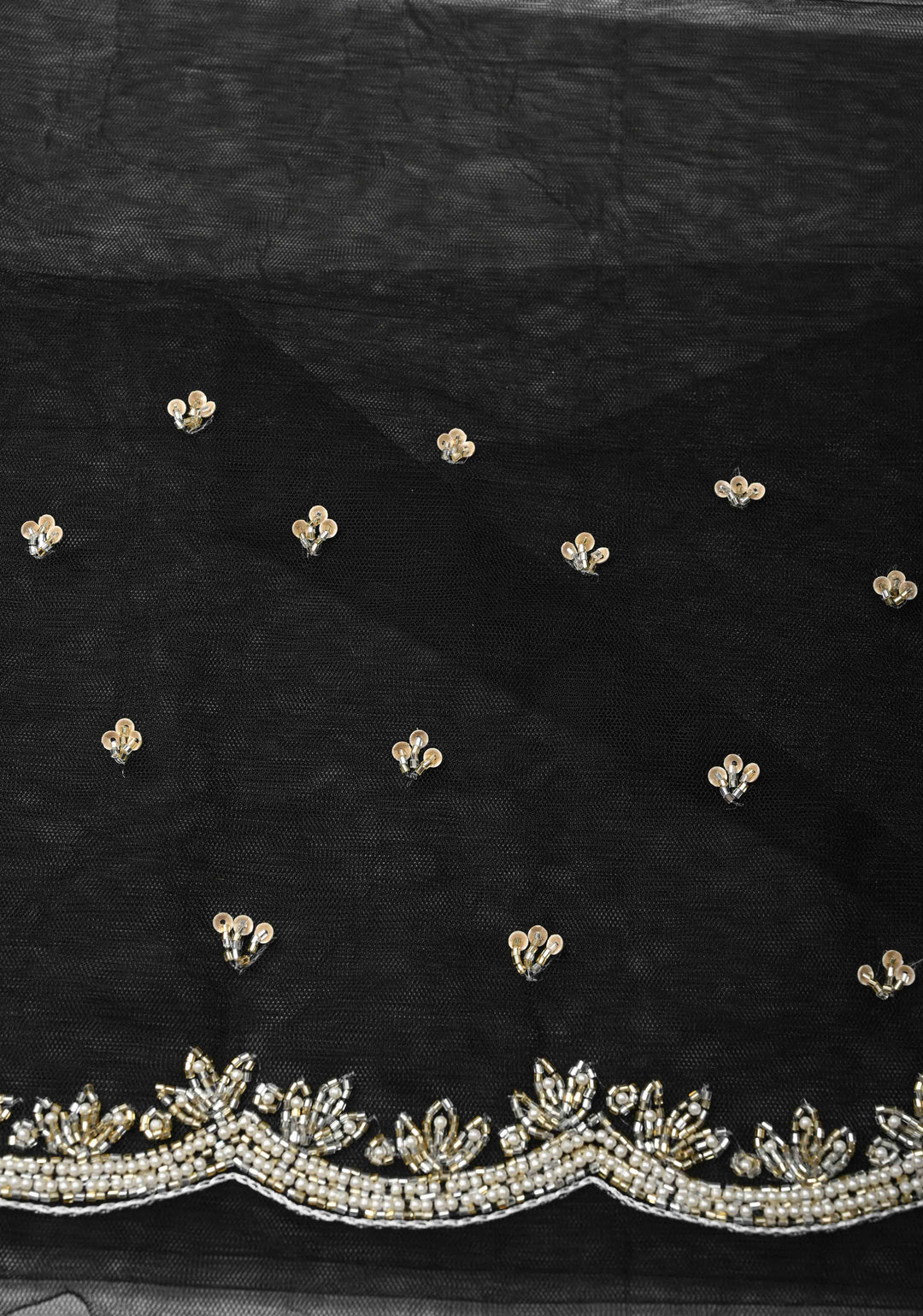 Black And White Organza Saree with Digital Print and cutdana and Moti work on scallop border | SILK MARKED CERTIFIED