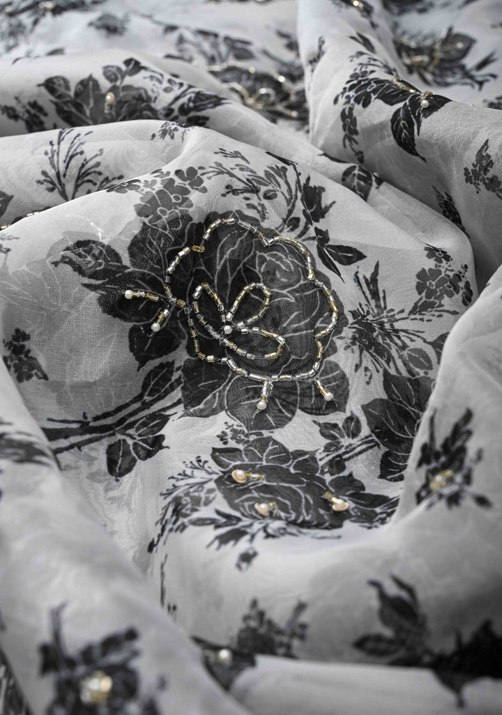 Black And White Organza Saree with Digital Print and cutdana and Moti work on scallop border | SILK MARKED CERTIFIED