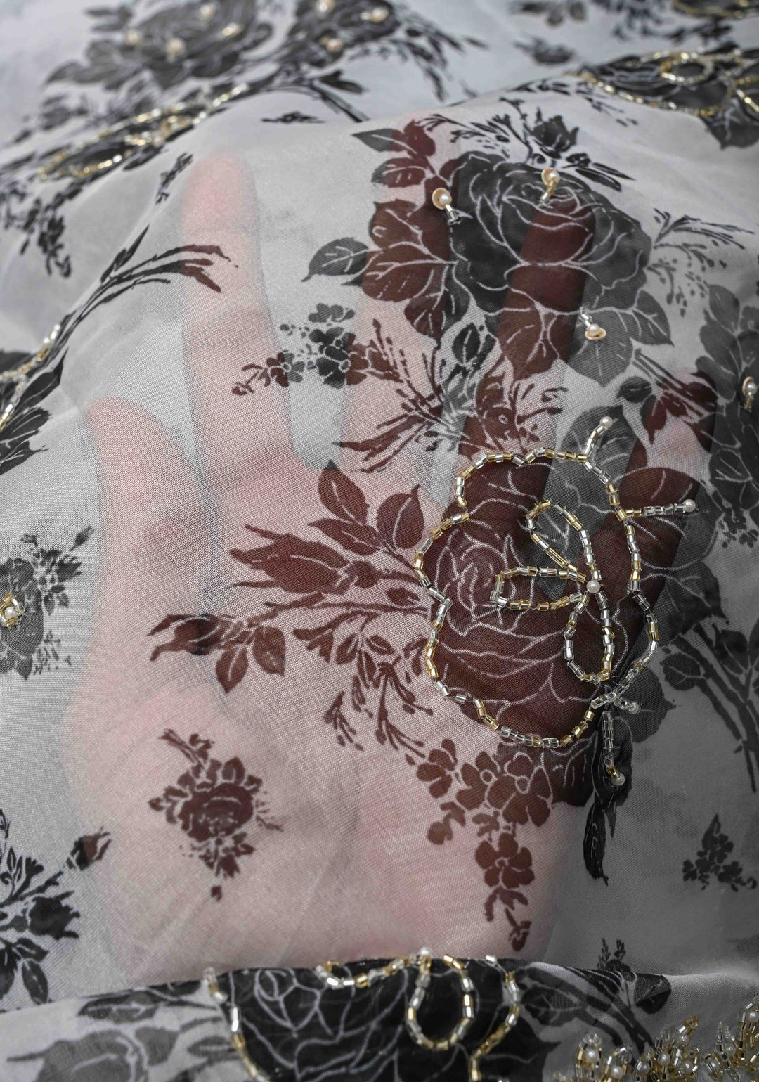 Black And White Organza Saree with Digital Print and cutdana and Moti work on scallop border | SILK MARKED CERTIFIED