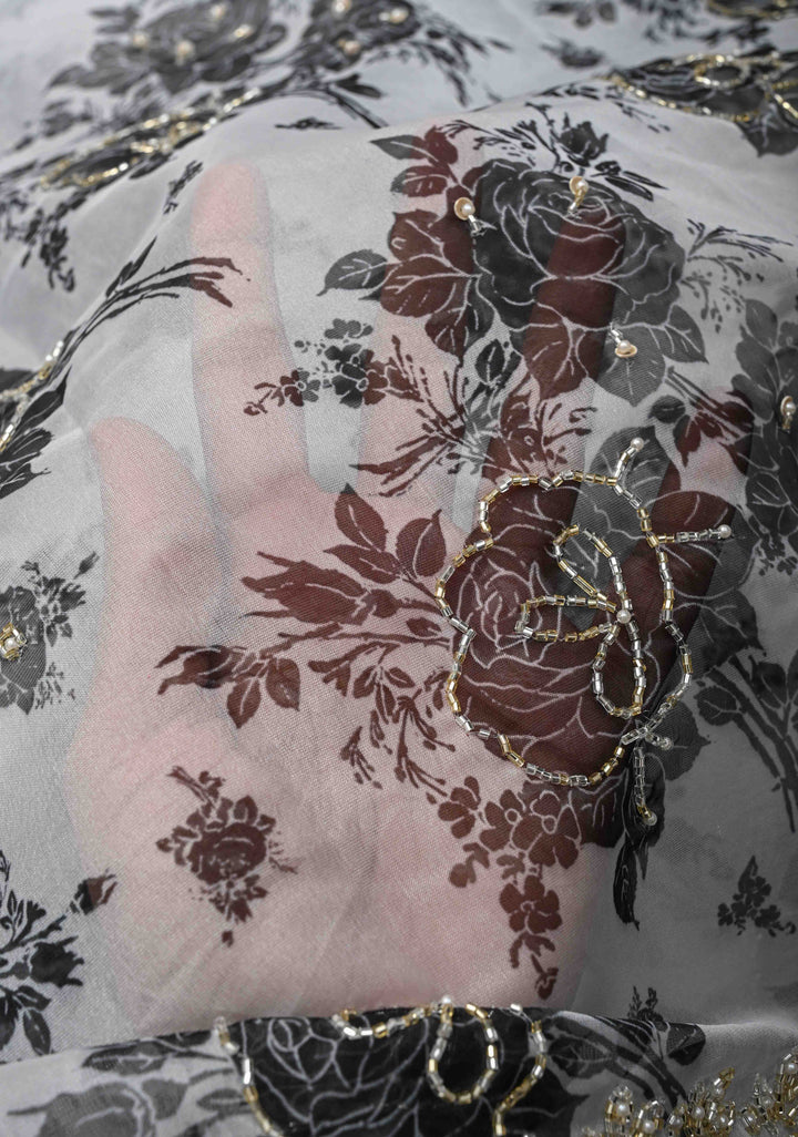 Black And White Organza Saree with Digital Print and cutdana and Moti work on scallop border | SILK MARKED CERTIFIED