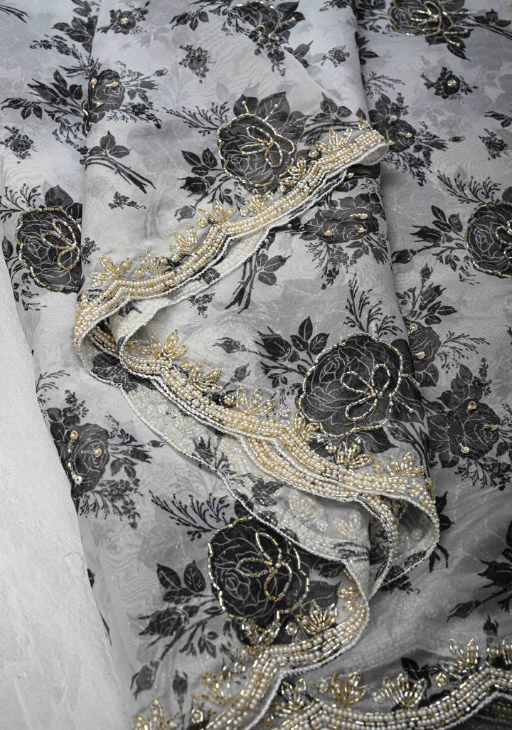 Black And White Organza Saree with Digital Print and cutdana and Moti work on scallop border | SILK MARKED CERTIFIED