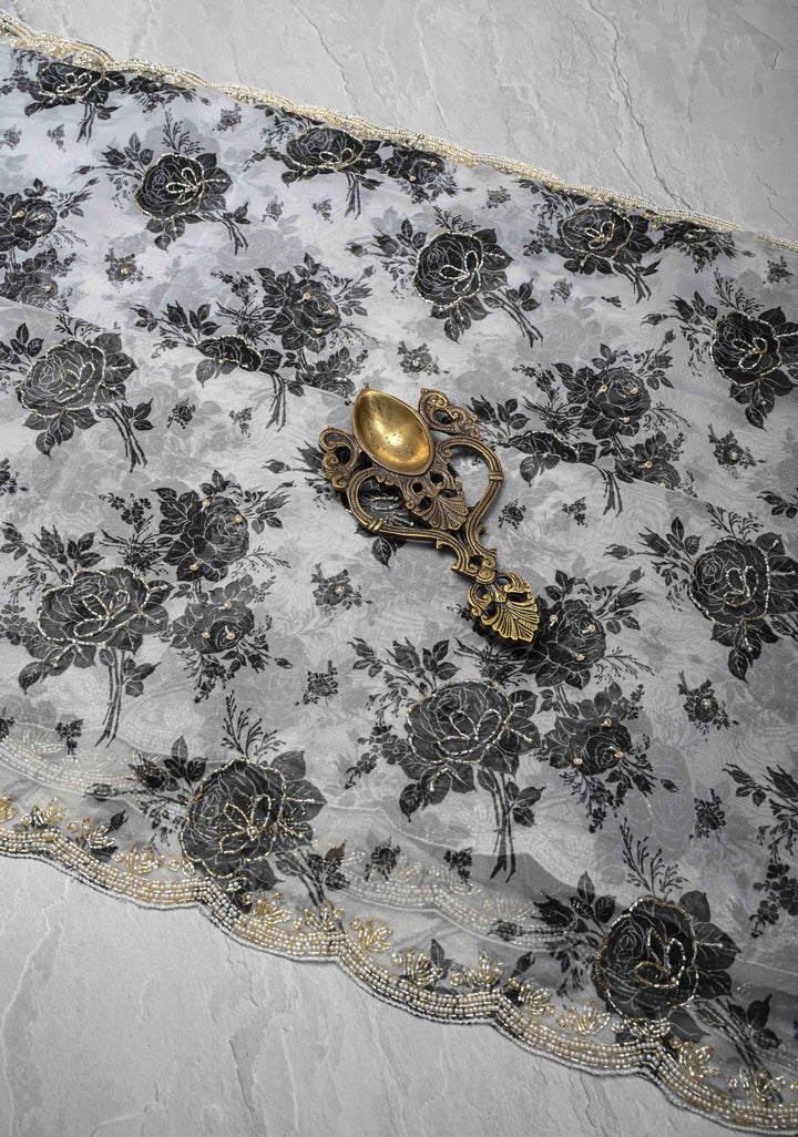 Black And White Organza Saree with Digital Print and cutdana and Moti work on scallop border | SILK MARKED CERTIFIED