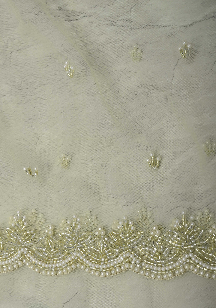Ivory Organza Saree with Digital Print and Cutdana, Moti work and Scallop Border