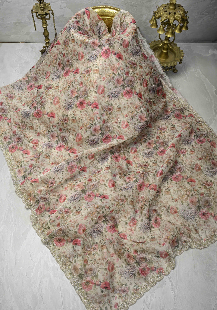 Ivory Organza Saree with Digital Print and Cutdana, Moti work and Scallop Border
