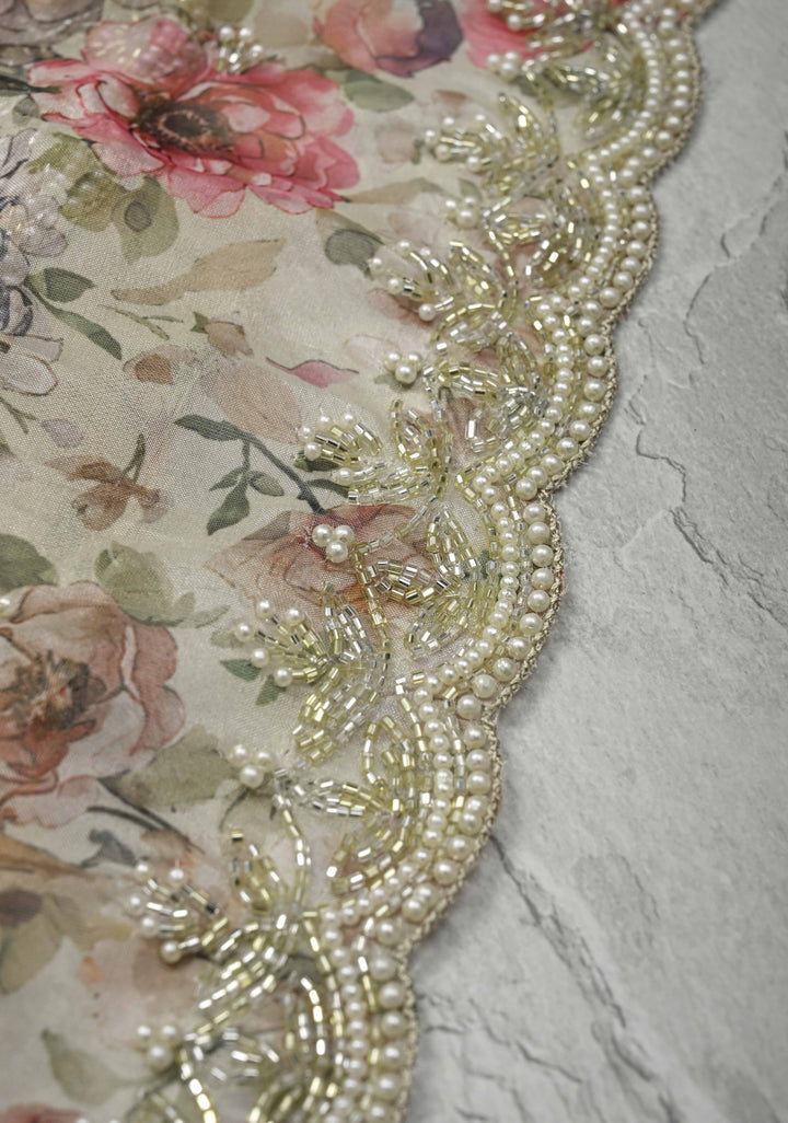 Ivory Organza Saree with Digital Print and Cutdana, Moti work and Scallop Border