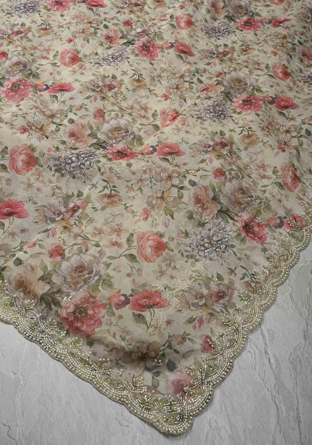Ivory Organza Saree with Digital Print and Cutdana, Moti work and Scallop Border