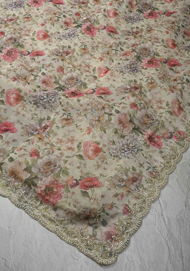 Ivory Organza Saree with Digital Print and Cutdana, Moti work and Scallop Border
