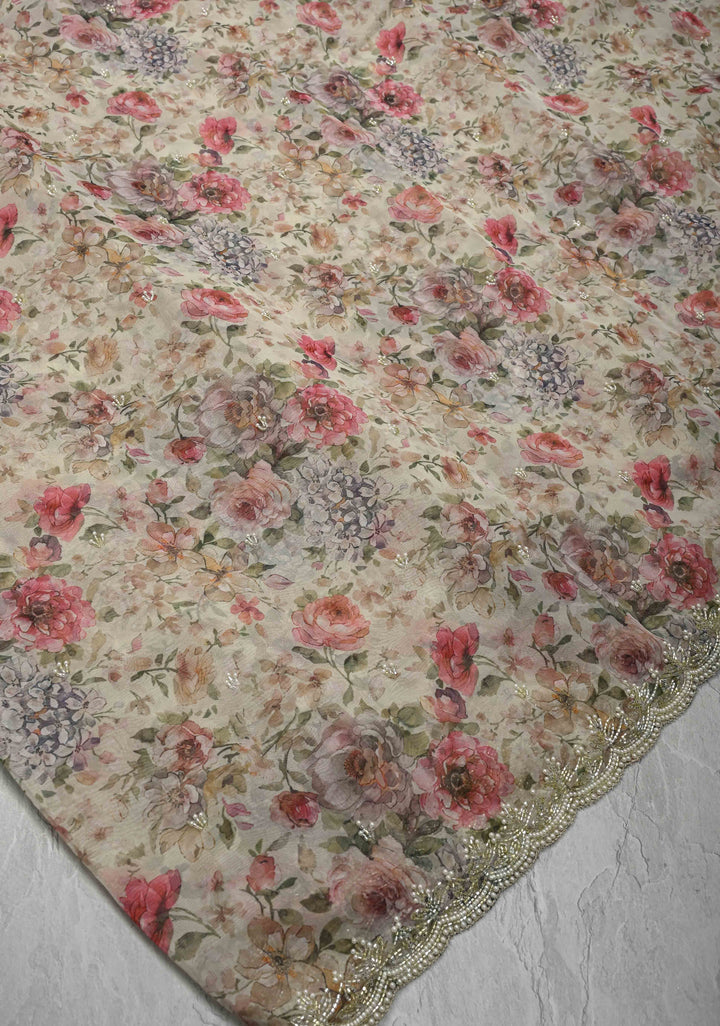 Ivory Organza Saree with Digital Print and Cutdana, Moti work and Scallop Border