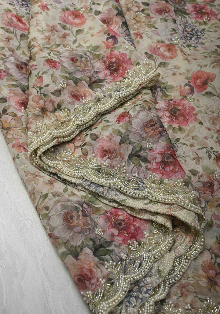 Ivory Organza Saree with Digital Print and Cutdana, Moti work and Scallop Border