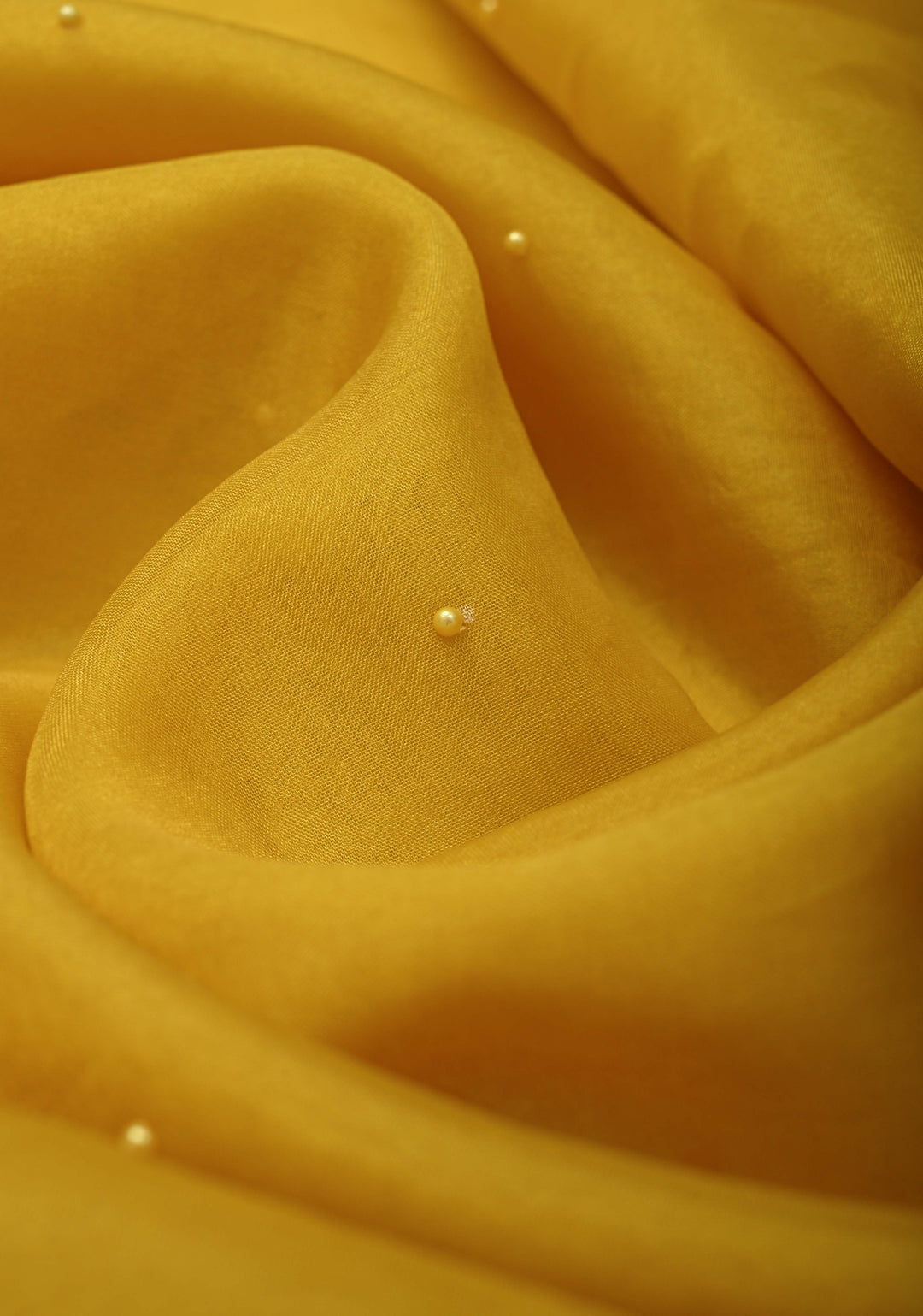 Mustard Yellow Moti work on Organza Saree with sequins, cutdana and Resham Hand Embroidery on Scallop Border